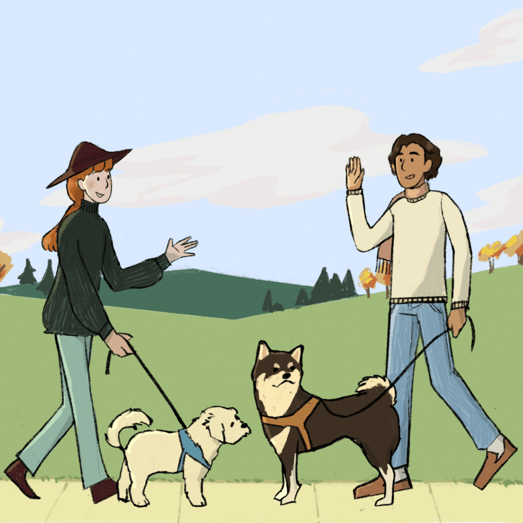 Two people walking dogs in a park